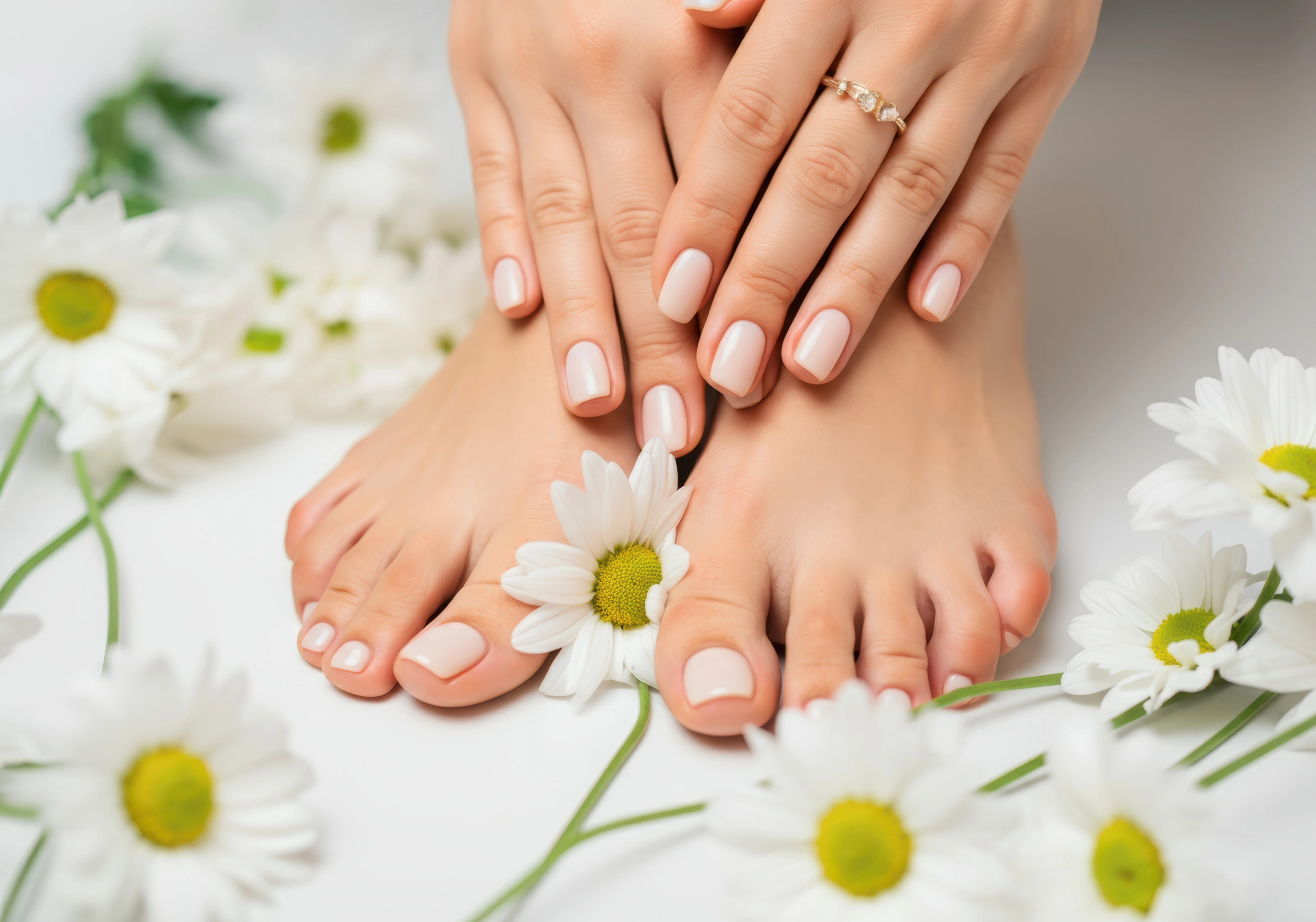 Neutral manicured hands and pedicured feet surrounded by white daisies