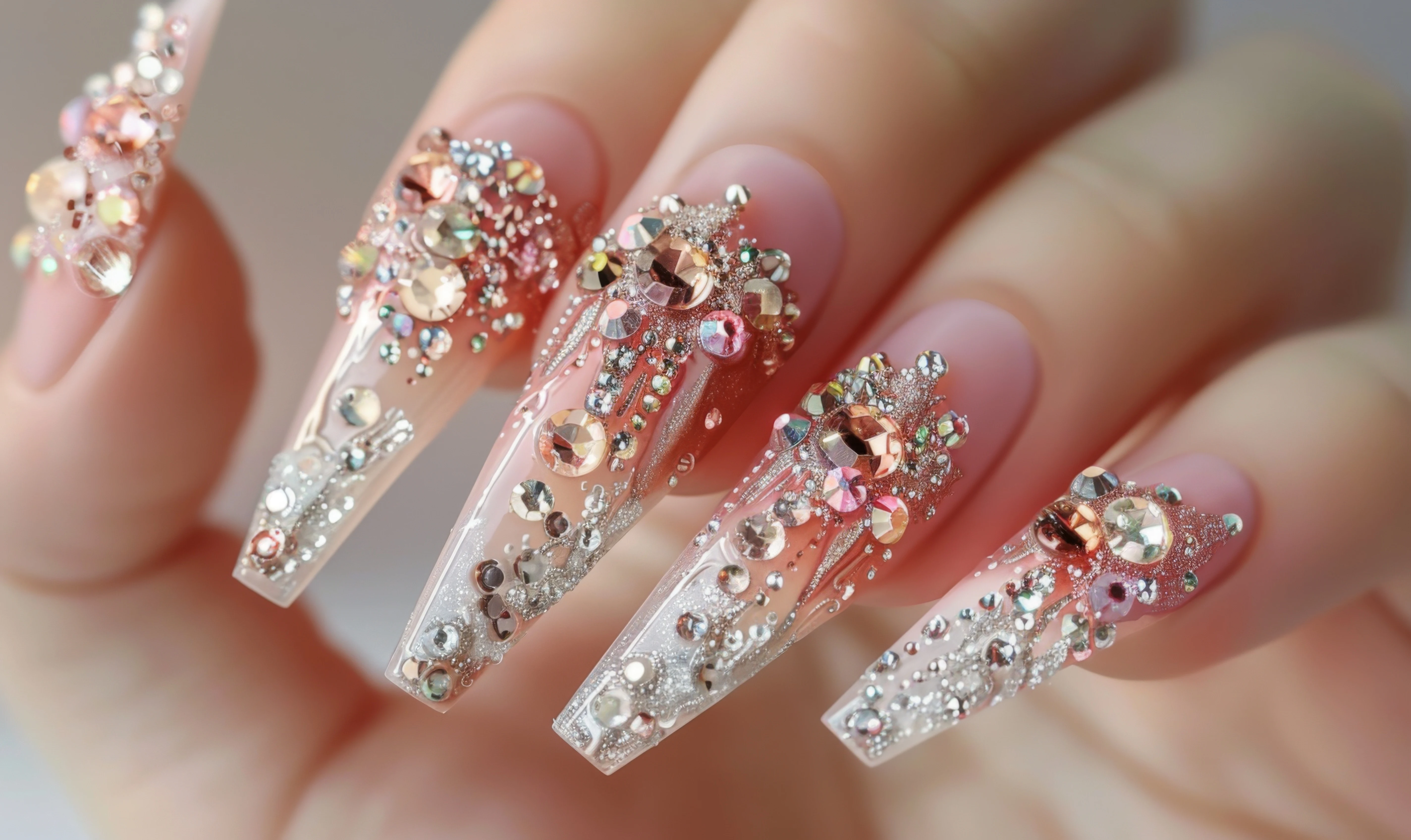 Long nails decorated with sparkling rhinestones and glitter